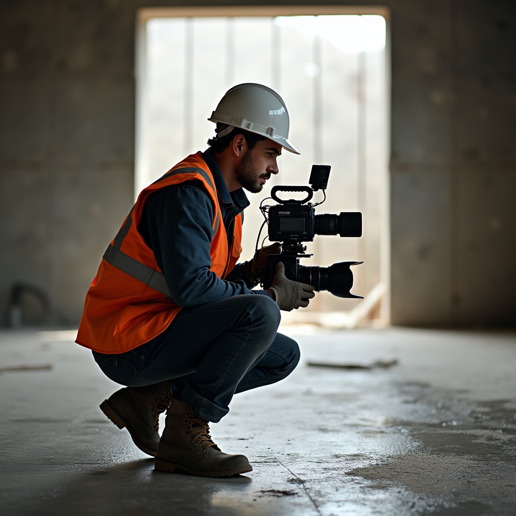 Cinematographer filming inside an active construction site with protective equipment