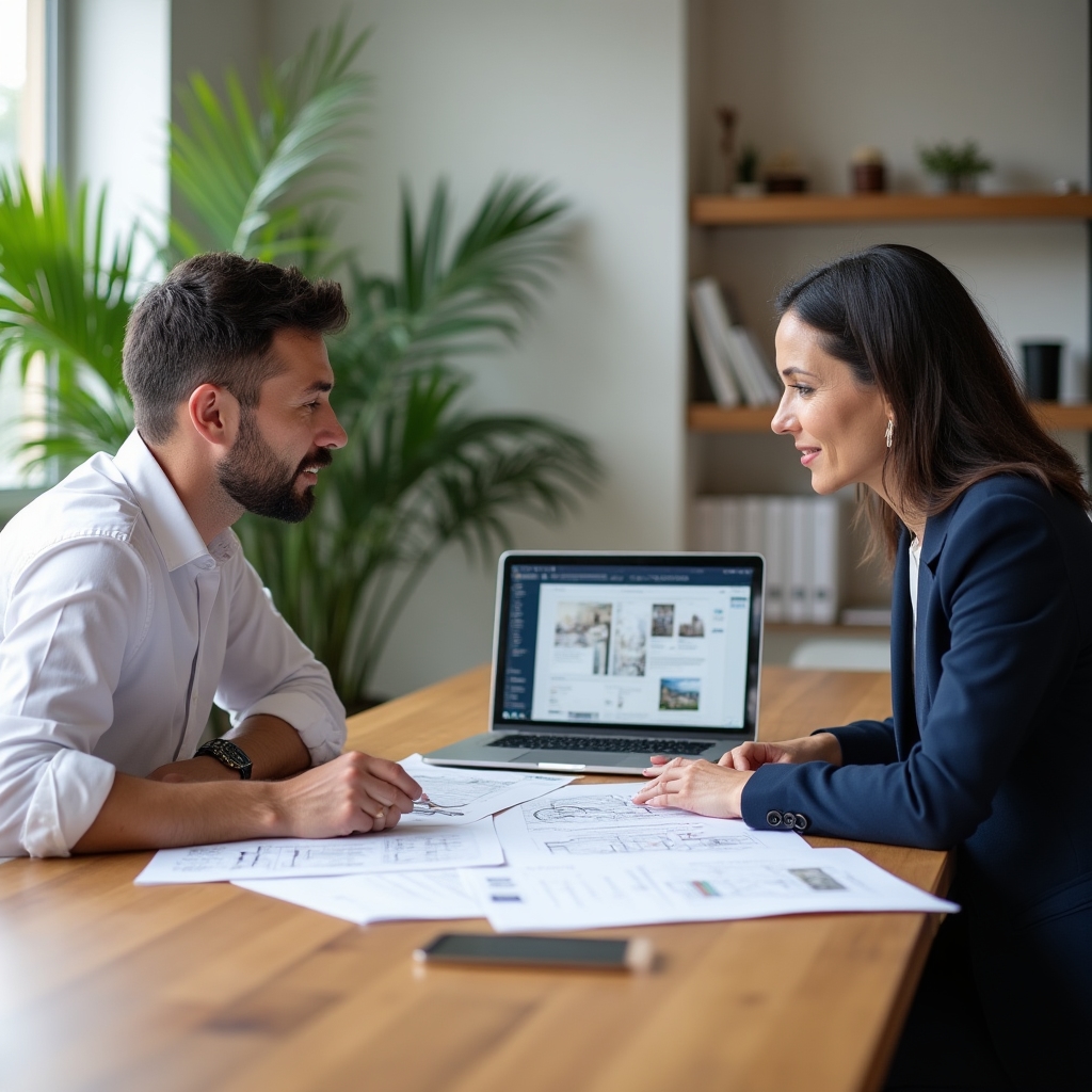 Producer and real estate developer reviewing project brief at a meeting table