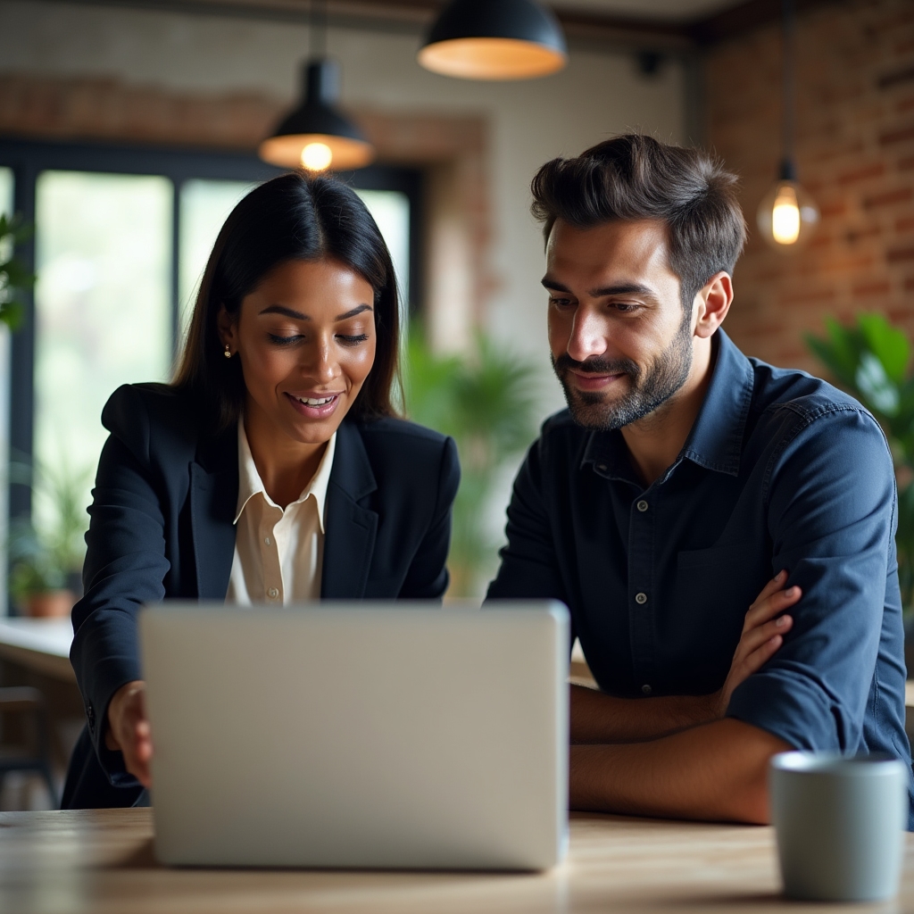 Content team reviewing real estate social media footage on laptop