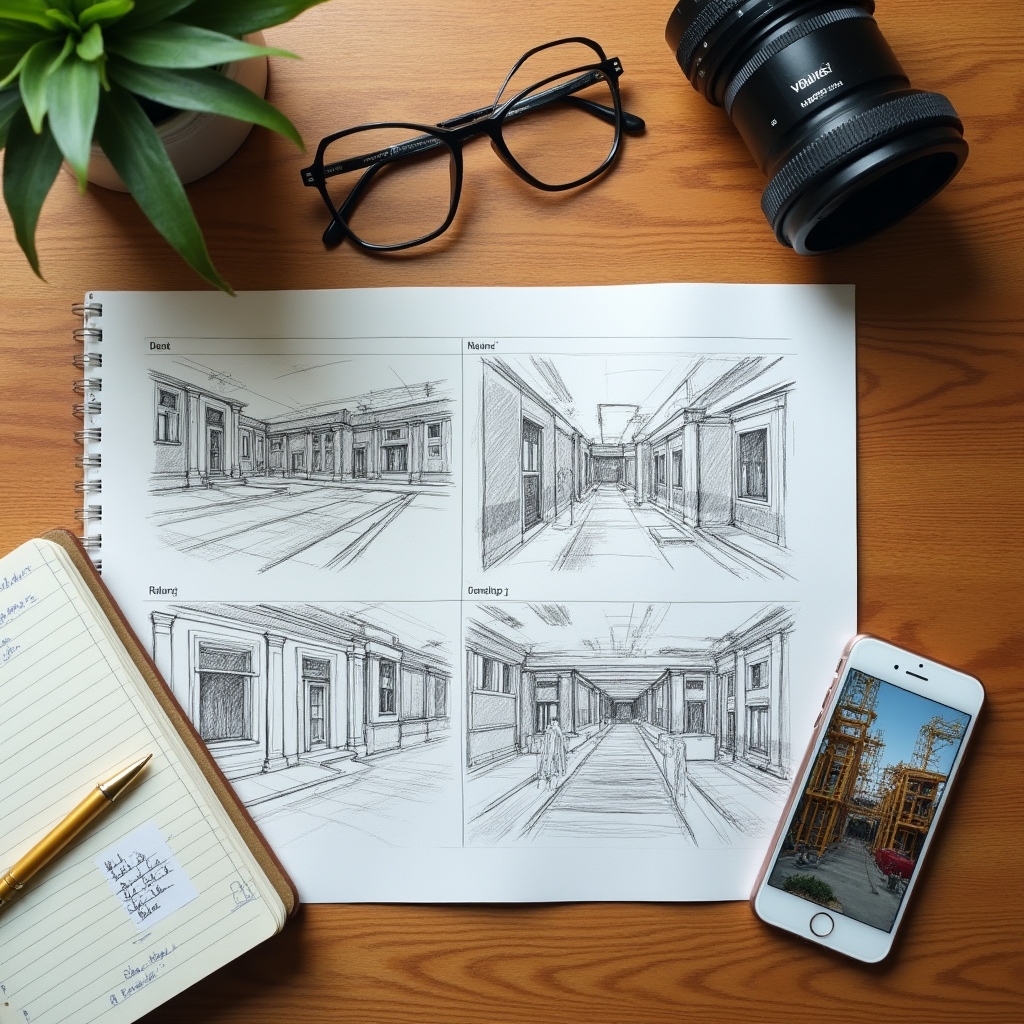 Video director reviewing storyboard and shot list documents spread on a desk
