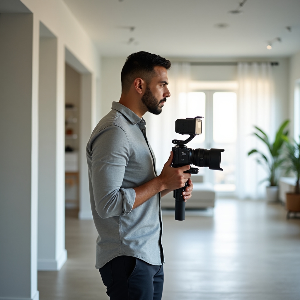 Videographer filming a virtual tour inside a finished apartment